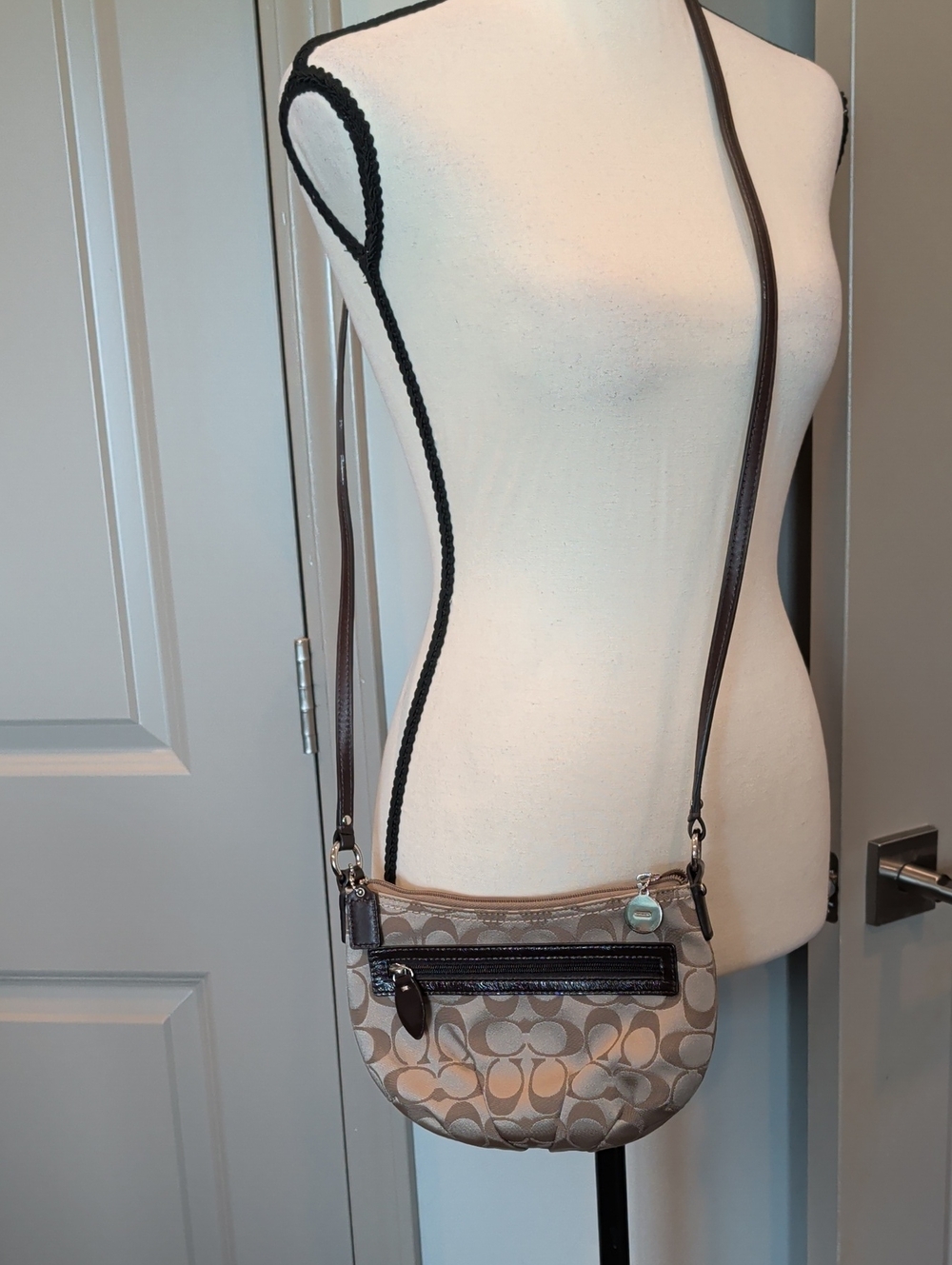 Signature Pattern Neutral Crossbody Bag with Dark Brown Trim
